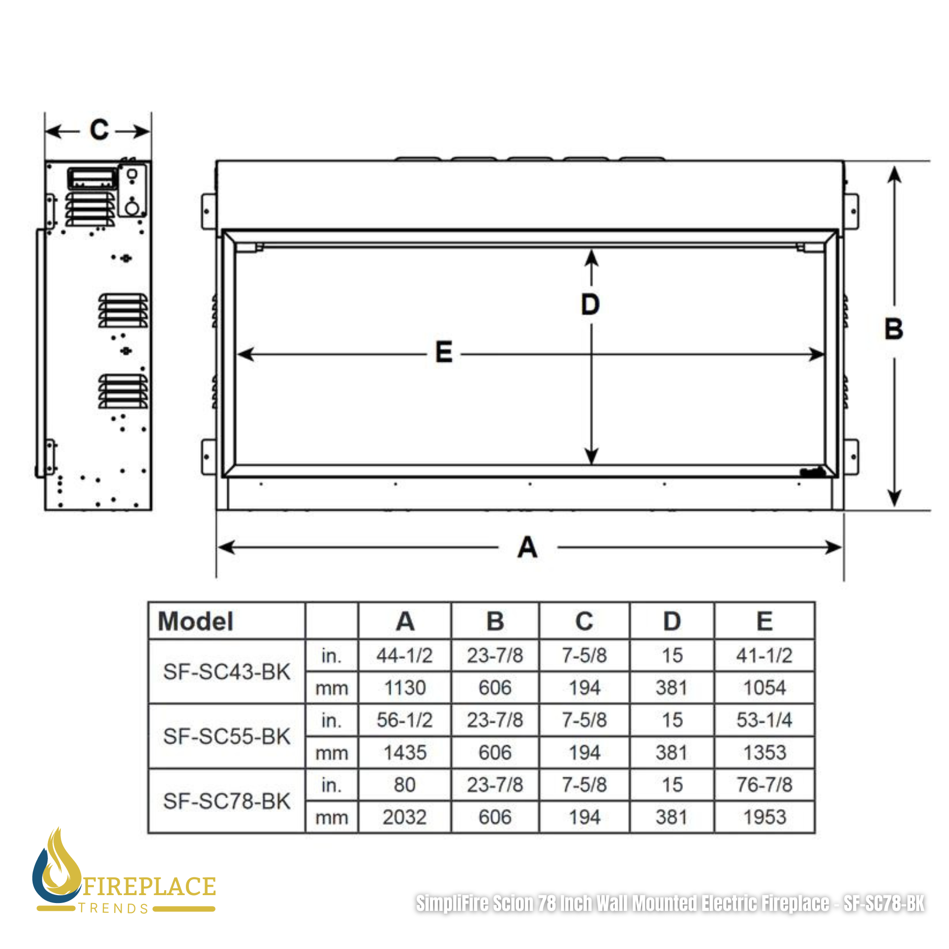 Simplifire 78" Scion Clean Face Linear Electric Fireplace - SF-SC78-BK | Fireplace Trends