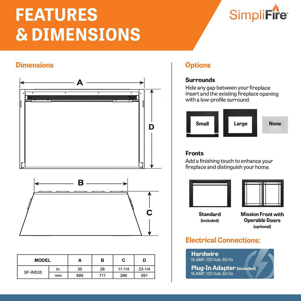 SimpliFire - 35" Electric Insert - SF-INS35 | Fireplace Trends